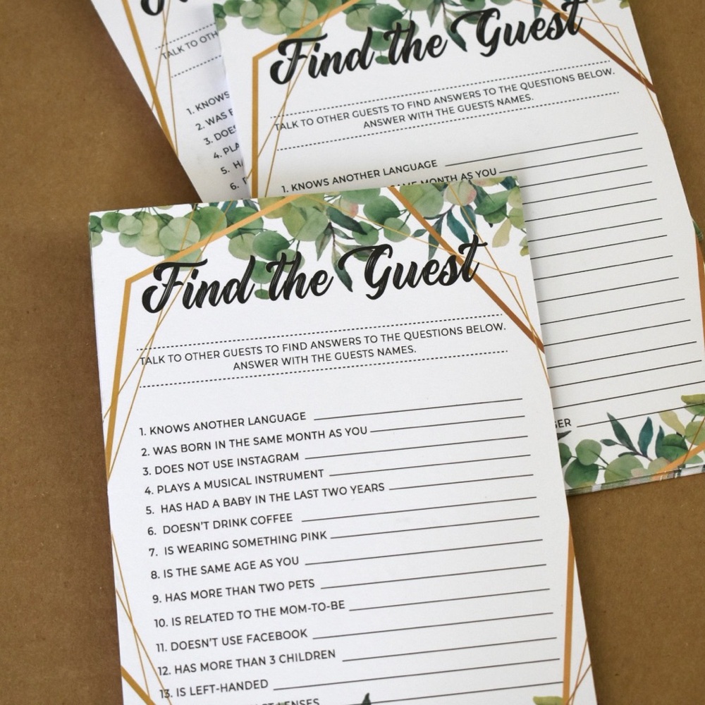Find the Guest Baby Shower Bridal Gender Wedding Party Game Greenery Eucalyptus